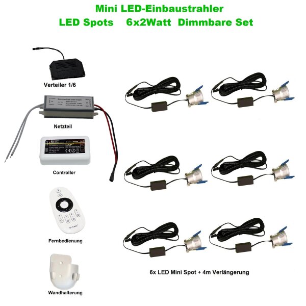 LED Minispot‑Set 6×2 W 3000 K IP65 dimmbar inkl. Netzteil & Funk­fernbedienung