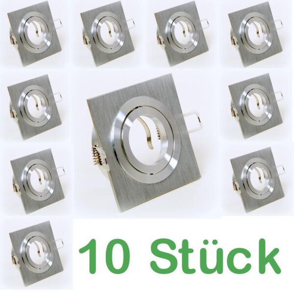 10× Einbaurahmen GU10 eckig – Aluminium gebürstet, 360° schwenkbar