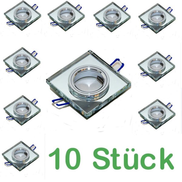 10× Einbaurahmen GU10 eckig – Spiegelglas, facettiert, inkl. Sockel