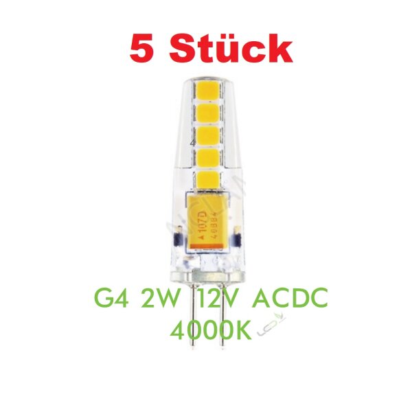 5× G4 LED Lampe 2 W 4000 K 200 lm – Silicon, AC/DC 12 V, neutralweiß