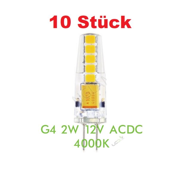 10× G4 LED Lampe 2 W 4000 K 200 lm – Silicon, AC/DC 12 V, neutralweiß