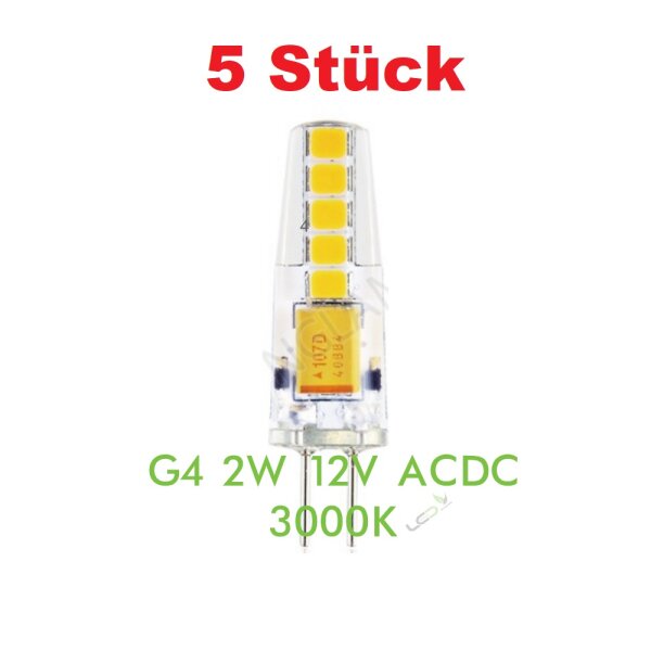 5× G4 LED Lampe 2 W 3000 K 200 lm – Silicon, AC/DC 12 V, warmweiß