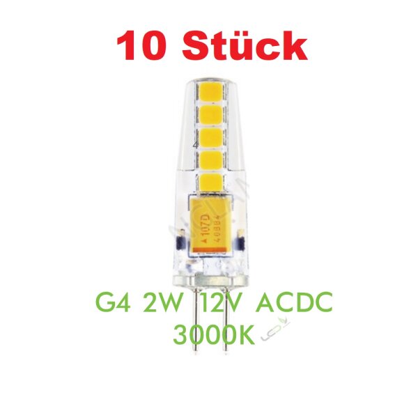 10× G4 LED Silicon 2 W 3000 K 200 lm – AC/DC 12 V, ersetzt 20 W Halogen