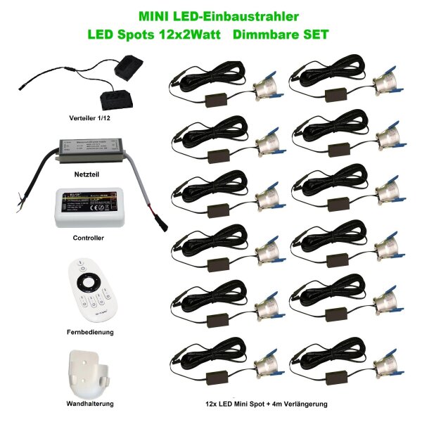 LED Minispot‑Set 12×2 W 3000 K IP65 Weiß dimmbar mit Netzteil & Funkfernbedienung