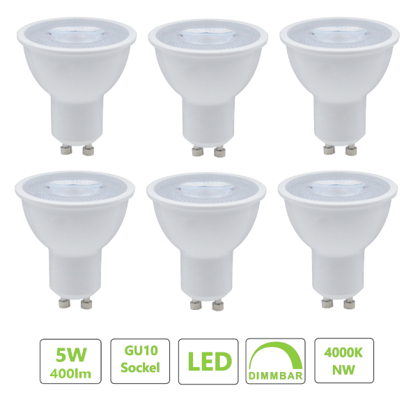 6× GU10 LED Spot 5 W dimmbar 4000 K 60° – ersetzt 40 W Halogen