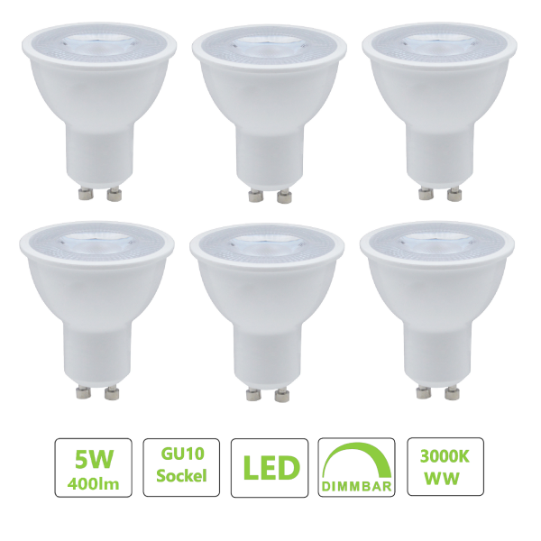 6× GU10 LED Spot 5 W dimmbar 3000 K 60° – ersetzt 40 W Halogen