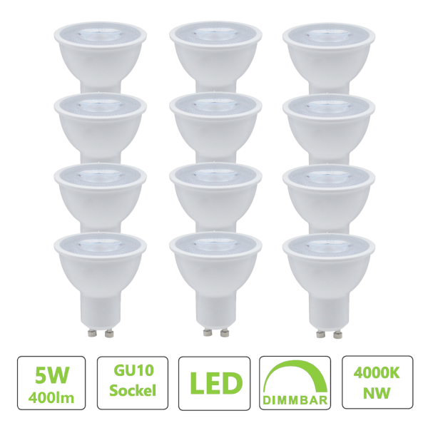 12× GU10 LED Spot 5 W dimmbar 4000 K 60° – ersetzt 40 W Halogen