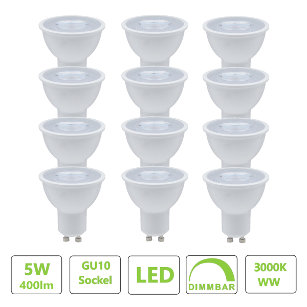 12 x Hochwertige  GU10 LED Lampe 5Watt Spot Dimmbar 3000K 60° ersetzt 40W Hlg.