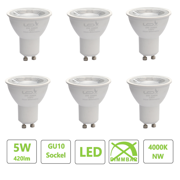 6 x Hochwertige  GU10 LED Spot 5Watt Lampe  4000K 60° ersetzt 35W Hlg.