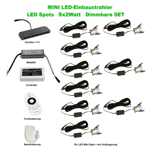 LED‑Minispot‑Set 9×2 W 4000 K IP65 dimmbar inkl. Netzteil & Funk­fernbedienung