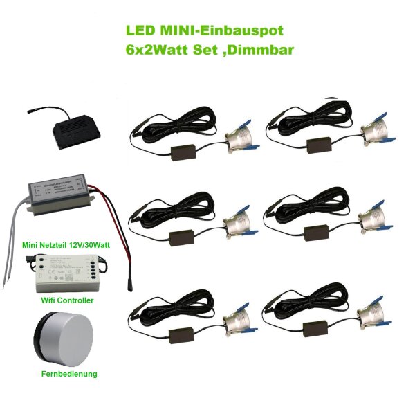 LED Minispot‑Set 6×2 W 3000 K IP65 Weiß dimmbar mit Wi‑Fi‑Controller & Netzteil