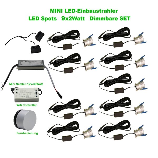 LED Minispot‑Set 9×2 W 4000 K IP65 Weiß dimmbar mit Wi‑Fi‑Controller & Netzteil