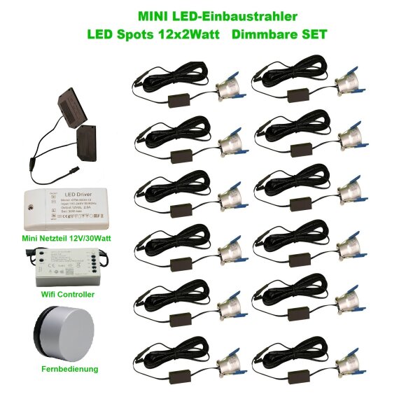 LED‑Minispot‑Set 12×2 W 4000 K IP65 Weiß dimmbar mit Wi‑Fi‑Controller & Netzteil
