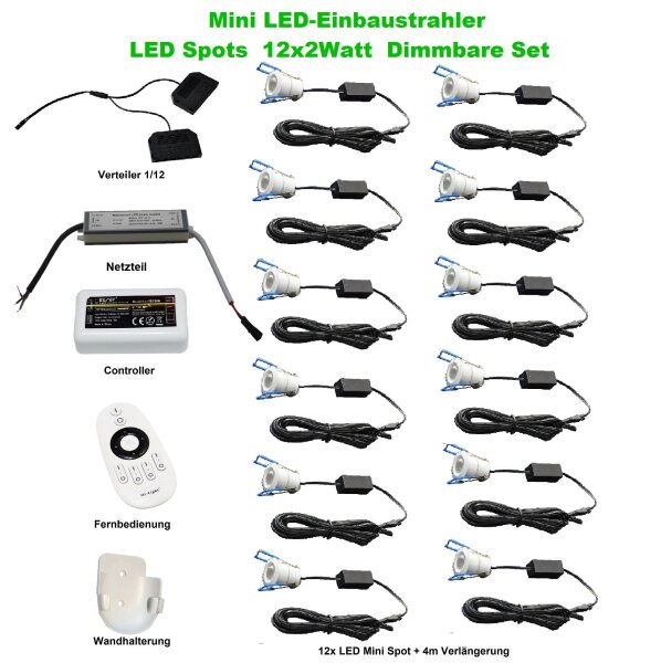LED Minispot‑Set 12×2 W 3000 K IP65 Weiß dimmbar mit Funk­steuerung & Netzteil