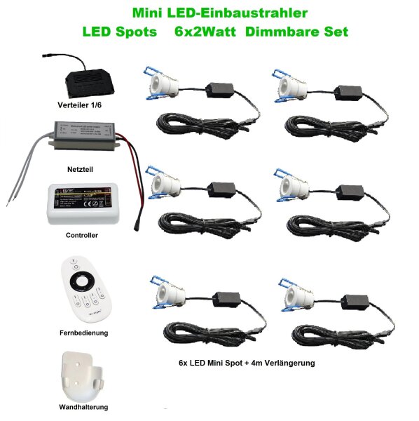 LED Minispot‑Set 6×2 W 3000 K IP65 Weiß dimmbar mit Funk­steuerung & Netzteil