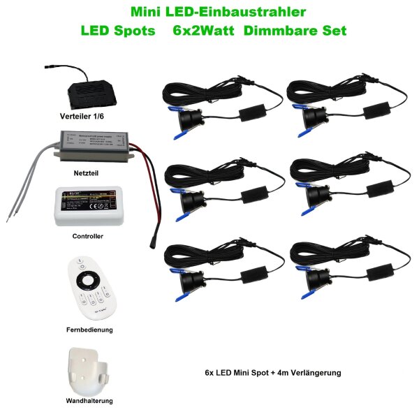LED Minispot-Set 6×2 W 3000 K IP65 dimmbar mit Funkfernbedienung & Netzteil