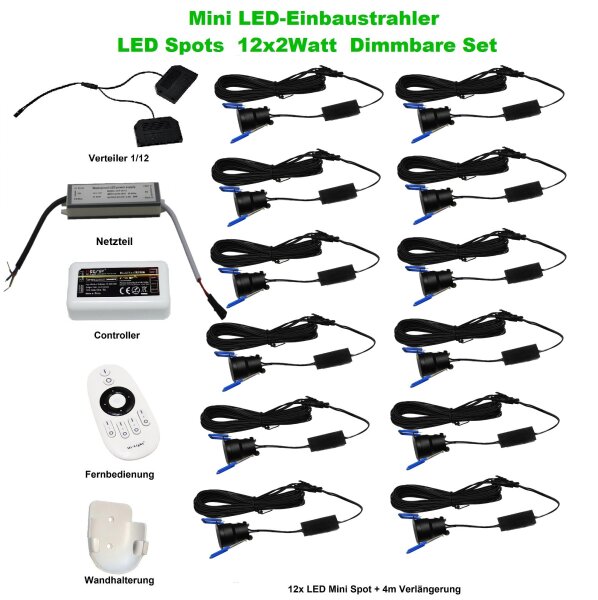 LED-Minispot-Set 12×2 W IP65 dimmbar mit Funksteuerung & Netzteil