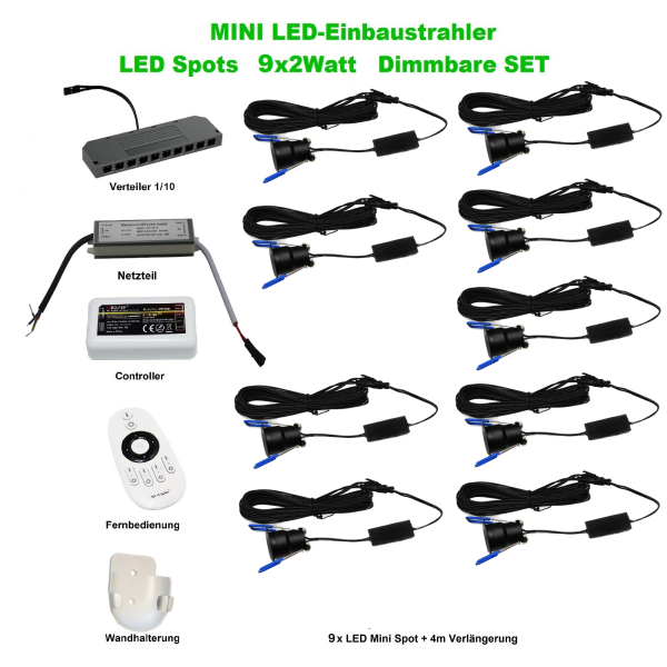 LED-Minispot-Set 9×2 W IP65 dimmbar mit Funksteuerung & Netzteil