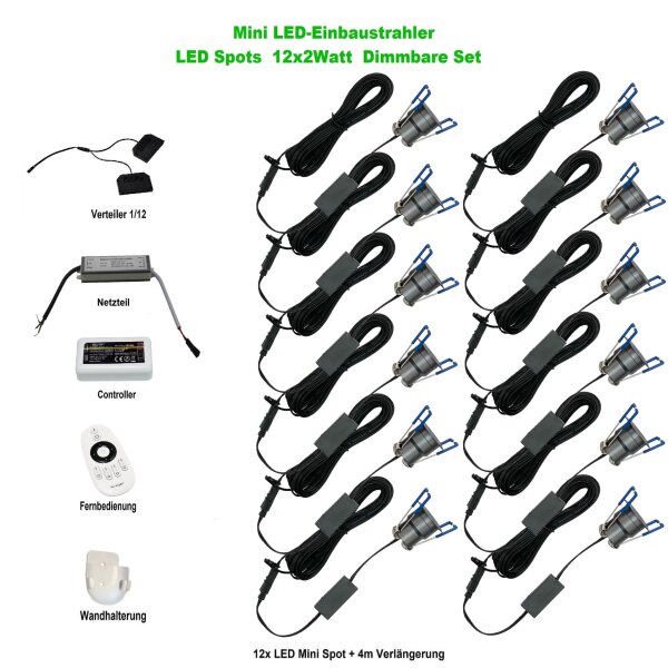 LED-Minispot-Set 12×2 W IP65 dimmbar mit Funkfernbedienung & Netzteil
