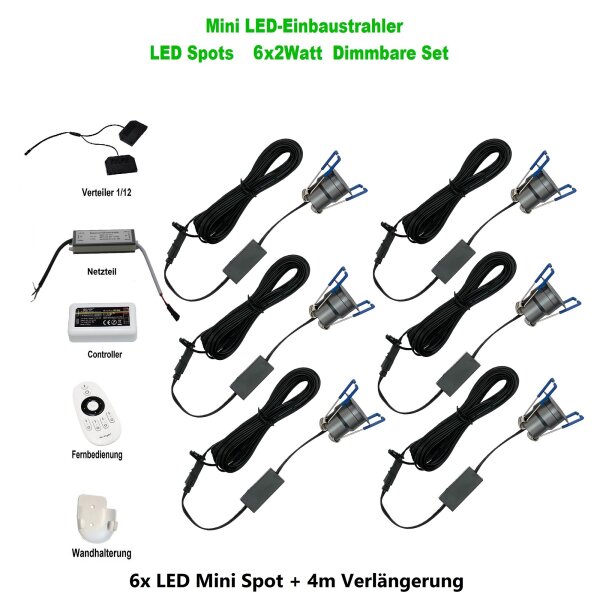 LED-Minispot-Set 6×2 W IP65 dimmbar mit Funkfernbedienung & Netzteil